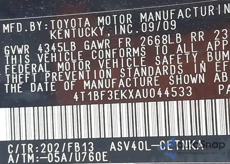 2010 Toyota Camry z USA, uszkodzony, nr VIN 4T1BF3EKXAU044533